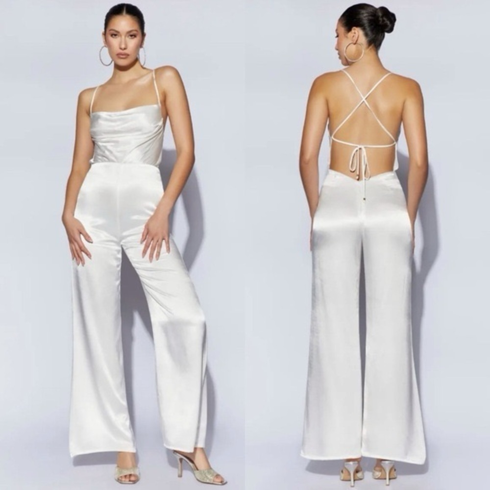 Meshki Ivory Satin Cowl Neck Open Back Wide Leg Jumpsuit XS